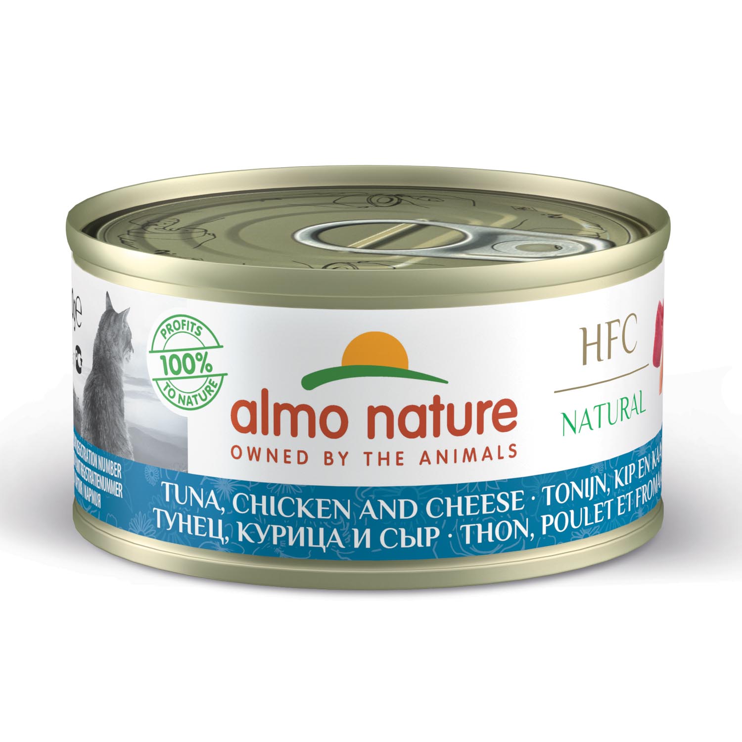 ALMO NATURE HFC NATURAL LATA para Gatos 70g  Atún, Pollo y Queso