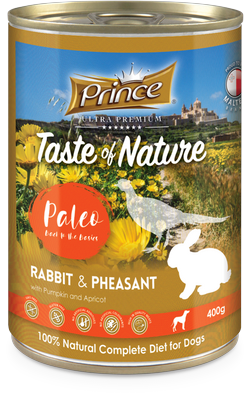 PRINCE Paleo Conejo y Faisán con Calabaza y Albaricoque 400g Comida húmeda para Perros