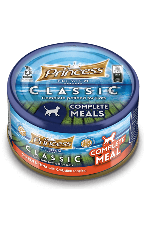 PRINCESS Classic Complete Meal Pollo y Atún con palitos de Cangrejo 170g Comida húmeda para Gatos